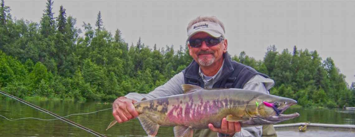 Nice chum salmon on fly fishing gear at our Alaska lodge.