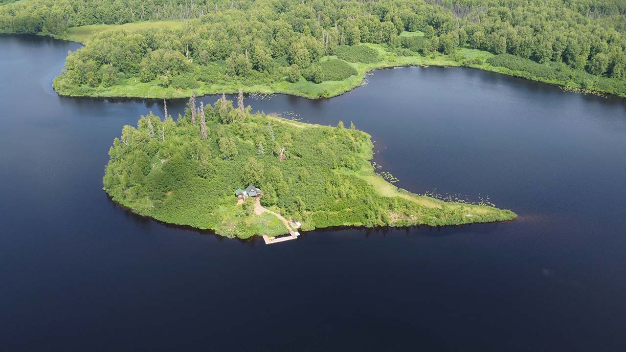 Alaska remote lake glamping island cabin