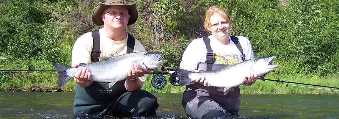 Nice Silver salmon on fly fishing gear at our Alaska lodge.
