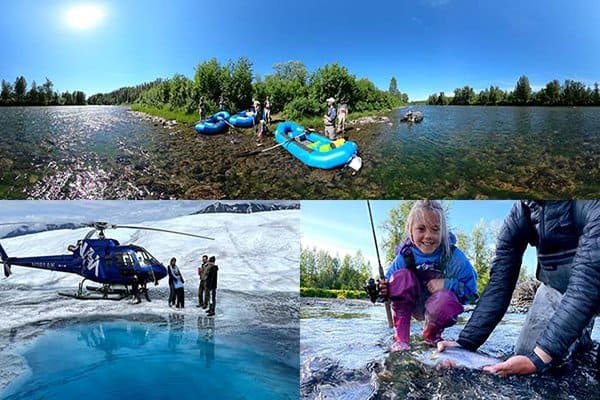 Wilderness Place Lodge Alaska guests enjoy rafting, fishing, and helicopter views by the river on a sunny day.