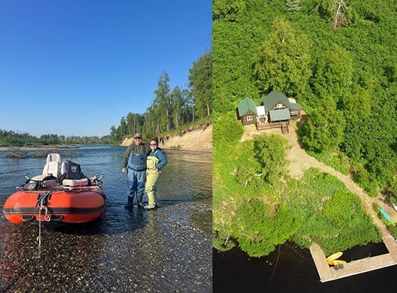 A couple fishing and enjoying a lodge stay and fly out glamping experience in Alaska out of Anchorage.