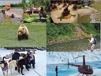 alaska-solstice-tour - Wilderness Place Lodge Alaska - Wilderness Place Lodge Alaska Photo collage of fishing, glacier adventures, dogsledding and bear-viewing in Alaska.