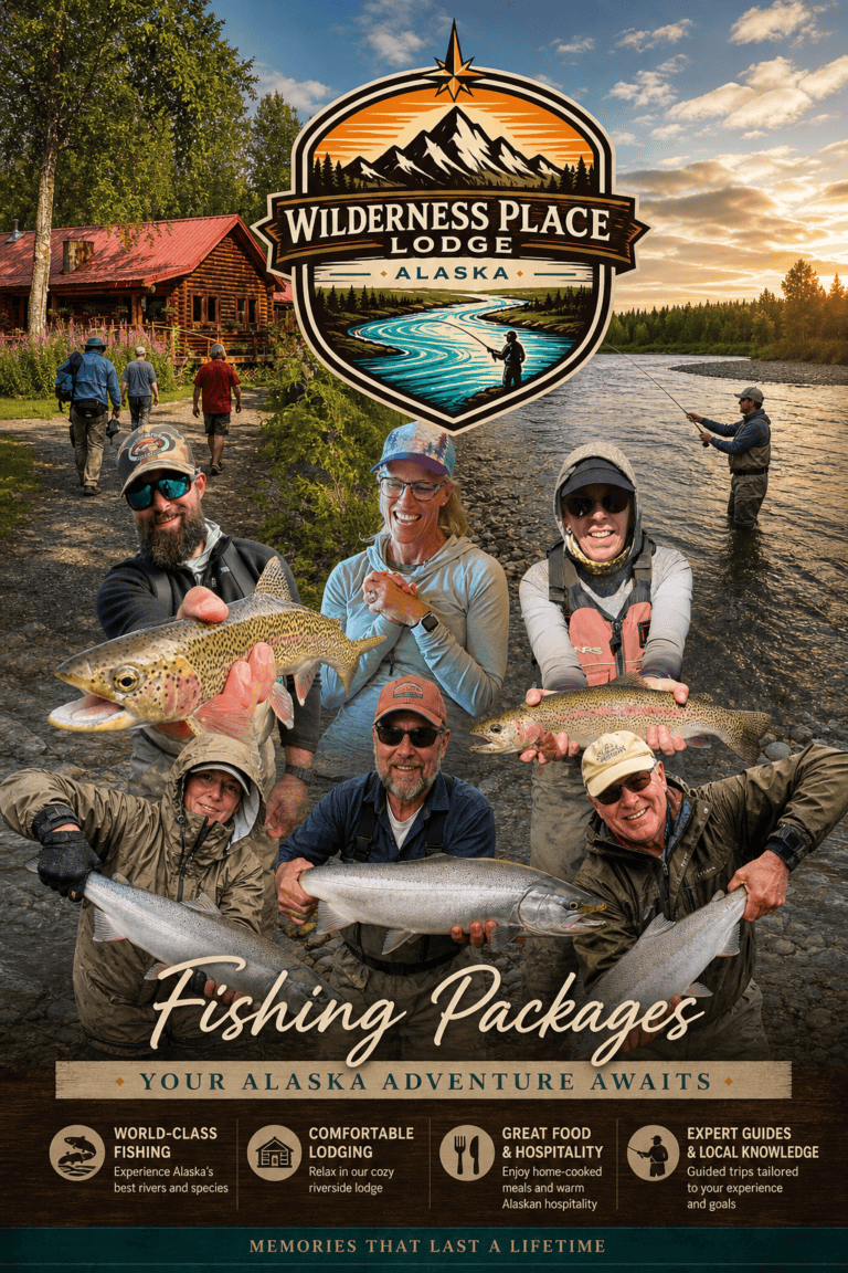 What is included with a fishing lodge package at Wilderness Place Lodge, Alaska?